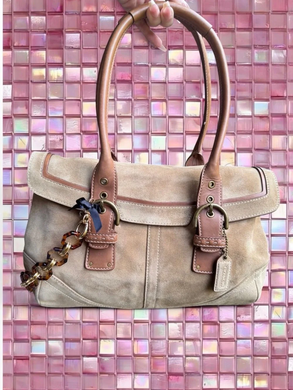 Coach Taupe Suede Shoulder Bag with Tan Leather Trim - Picture 1 of 5